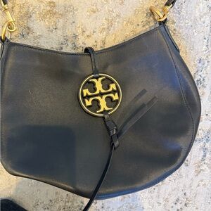 Tory Burch Black Leather Shoulder Bag with Gold Accent